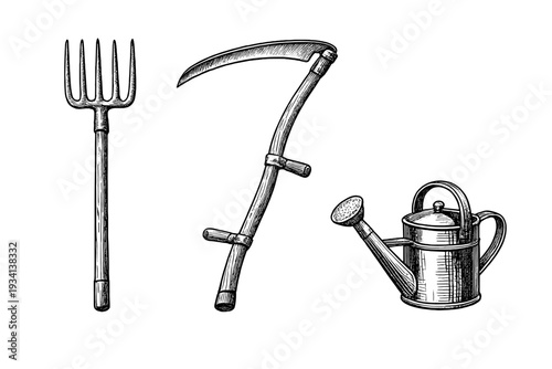 A vintage-style monochrome illustration featuring a pitchfork, a scythe, and a watering can. The detailed hand-drawn engraving style stands out against a solid black background.