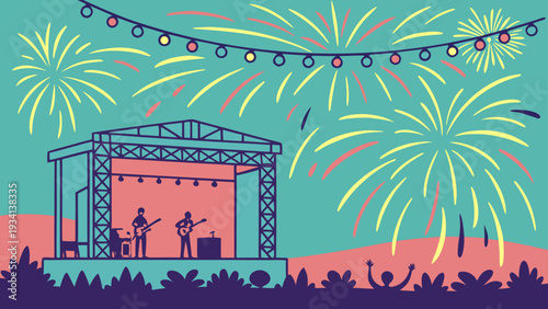 Vibrant outdoor concert with band performing under festive lights and fireworks