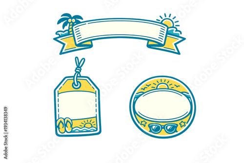 A set of three summer themed graphic templates including a banner, a hanging tag, and a circular badge. The designs feature palm trees, sunglasses, flip flops, and sun icons in teal and yellow.