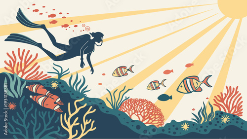 Scuba diver exploring vibrant coral reef with tropical fish