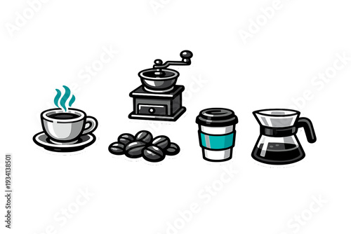 A collection of coffee-themed stickers featuring a steaming cup, a manual grinder, roasted beans, a disposable cup, and a glass carafe, all set against a solid black background.