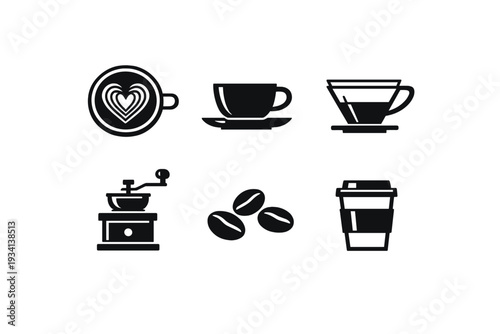 A collection of six minimalist black coffee icons featuring a latte with heart art, a cup on a saucer, a pour-over dripper, a manual grinder, coffee beans, and a takeaway cup.