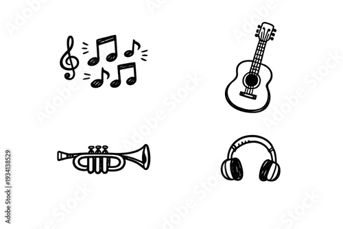 A collection of four minimalist white line icons representing music, featuring a treble clef with notes, an acoustic guitar, a trumpet, and a pair of headphones on a black background.