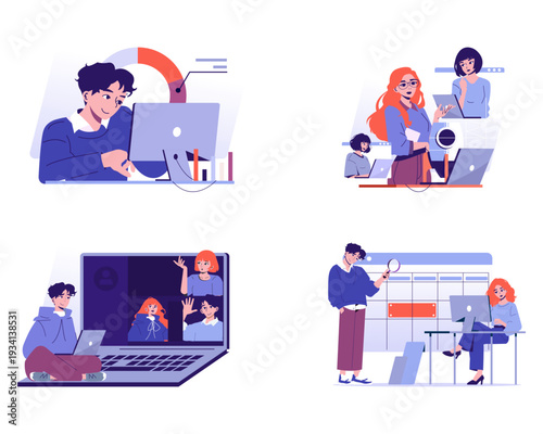 People Engaged in Online Meetings and Data Analysis