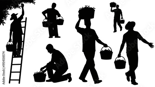 Silhouettes of people harvesting crops and carrying baskets of produce