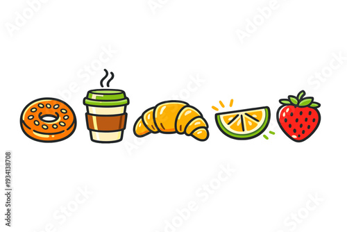 A row of colorful cartoon food and drink icons including a glazed donut, a steaming coffee cup, a golden croissant, a lime slice, and a red strawberry on a black background.