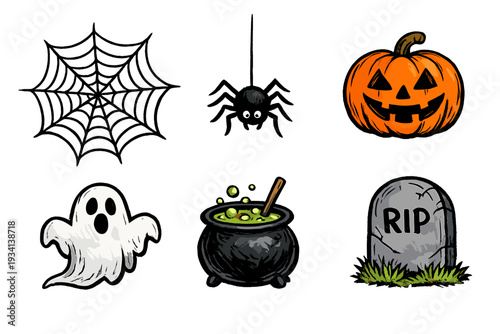 A collection of six hand-drawn Halloween icons including a white spider web, a hanging spider, a carved pumpkin, a ghost, a bubbling cauldron, and a tombstone on a black background.