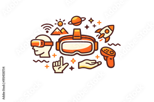 A flat vector illustration featuring a virtual reality headset surrounded by icons of space exploration, hand gestures, a controller, and a person wearing VR goggles on a black background.