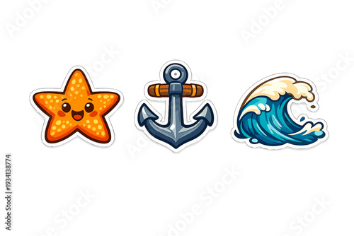 A set of three nautical stickers featuring a cute smiling orange starfish, a metallic anchor with a wooden crossbar, and a stylized blue ocean wave with white foam on a black background.