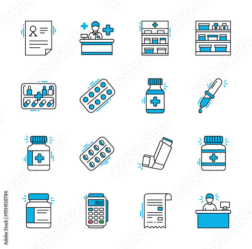 Collection of pharmacy and medical icons representing healthcare services and products
