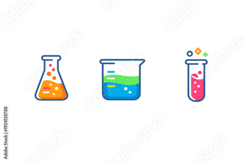 Three colorful laboratory glassware icons including an Erlenmeyer flask, a beaker, and a test tube with bubbling liquids are displayed against a solid black background in a flat design style.