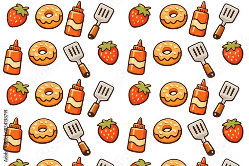 This seamless pattern displays colorful cartoon icons of fresh strawberries, glazed donuts, condiment bottles, and metal spatulas set against a dark black background.
