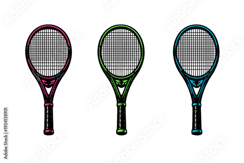 Three stylized tennis rackets in vibrant pink, green, and blue colors are arranged horizontally against a solid black background. Each racket features a sleek design with neon accents.