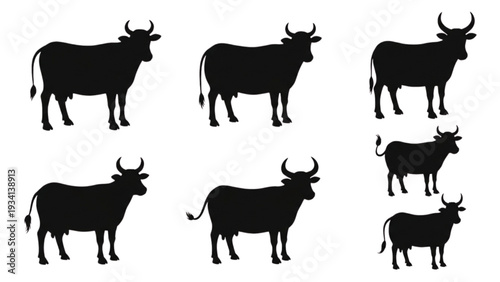 Collection of Silhouettes of Cows Standing in a Row on a White Background
