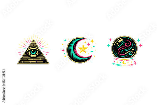 Three colorful mystical symbols including an eye of providence in a pyramid, a crescent moon with a star, and a crystal ball, all set against a dark background in a graphic style.