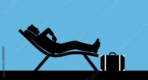 A person relaxing on a lounge chair with a suitcase nearby on vacation
