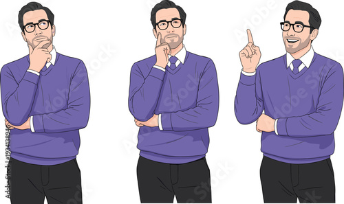 Thoughtful businessman character with idea gesture, professional male thinking and innovation concept isolated on white background illustration