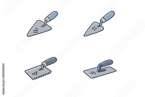 A set of four stylized construction trowel icons including masonry and notched versions, presented in a clean vector style with a blue and grey color palette on a dark background.