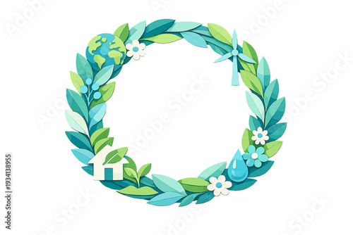 A circular wreath made of layered paper-cut leaves in green and blue tones features icons of a globe, wind turbine, house, and water drop against a solid black background.
