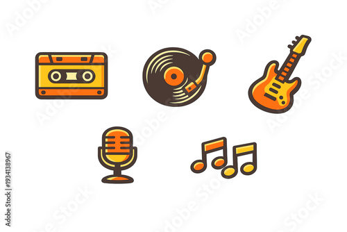 A collection of retro music icons including a cassette tape, vinyl record, electric guitar, vintage microphone, and musical notes, all designed in a flat orange and yellow style on black.