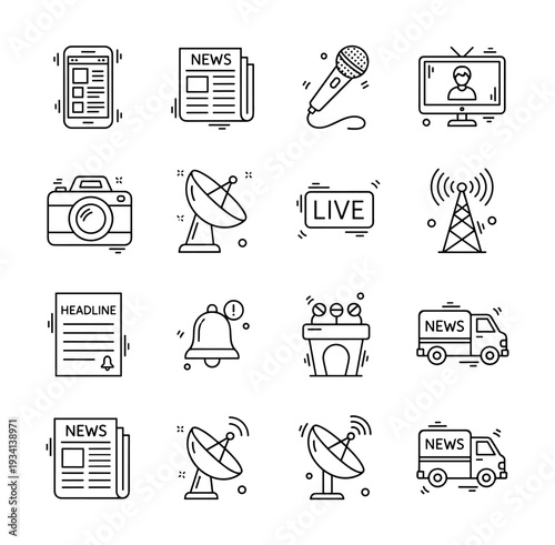 Collection of modern line art icons representing news and media communication elements