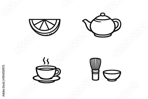 A collection of four minimalist line art icons featuring a citrus slice, a teapot, a steaming cup on a saucer, and a traditional matcha whisk with a bowl on a black background.