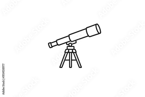A black and white line art illustration of a telescope mounted on a tripod, angled upwards against a dark background with subtle white speckles representing stars in the night sky.
