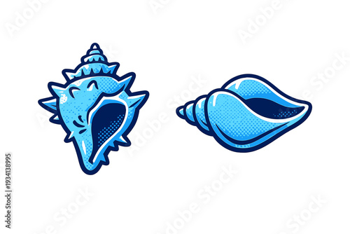 Two stylized blue seashells with halftone patterns and bold outlines are set against a solid black background. The illustration features a spiky shell and a smooth conch shell.