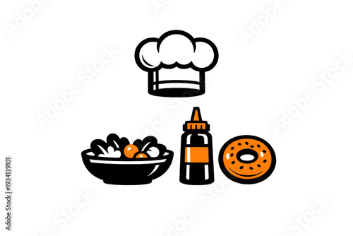 A minimalist orange and black illustration featuring a donut with sprinkles, a squeeze bottle for sauce, and two small round food items on a solid black background.