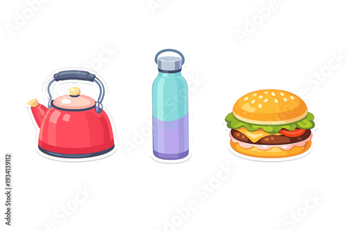 A collection of three illustrated stickers including a red stovetop kettle, a gradient blue water bottle, and a classic cheeseburger with sesame seeds on a black background.