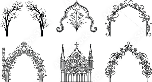 Decorative Architectural Arch Vector Set with Gothic Cathedral Windows, Filigree Ironwork Frames, Floral Entrances, and Spooky Tree Branch Gateways on White