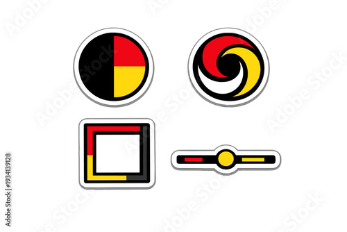 Four stylized graphic stickers with geometric shapes in red, yellow, black, and white. The set includes a circular swirl, a square frame, and a horizontal bar on a dark background.
