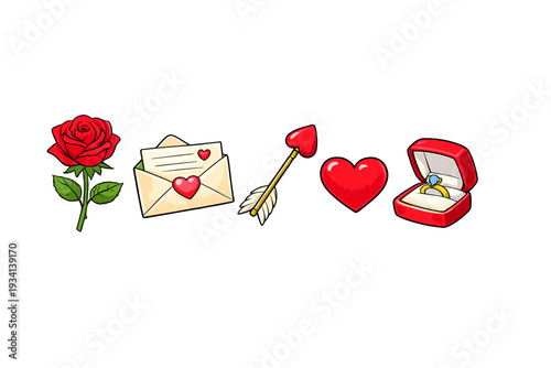 A collection of romantic cartoon illustrations including a red rose, a love letter, a heart-tipped arrow, a red heart, and an engagement ring in a box on a black background.