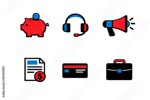 Six minimalist business icons featuring a piggy bank, headset, megaphone, financial document, credit card, and briefcase. The graphics use a red and blue color scheme on a black background.
