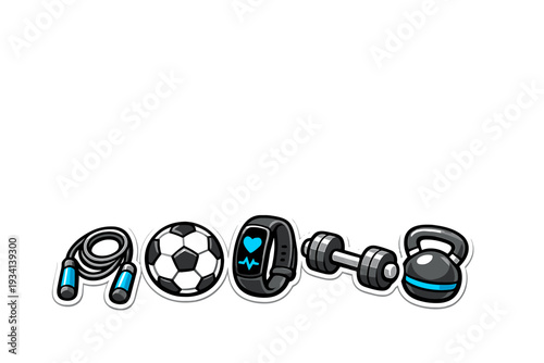 A collection of fitness and sports icons including a jump rope, soccer ball, fitness tracker, dumbbell, and kettlebell, presented in a sticker style on a black background.