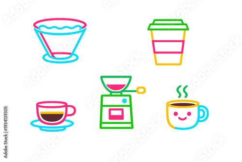 A collection of neon-style coffee icons including a grinder, pour-over dripper, takeaway cup, and a smiling mug with steam, all set against a solid black background.