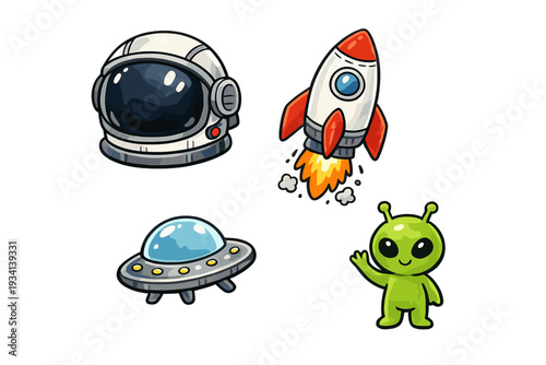 A collection of four space-themed cartoon illustrations including an astronaut helmet, a rocket ship, a flying saucer, and a friendly green alien waving on a black background.