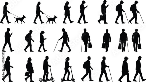 Diverse people walking silhouettes set, men and women walking dogs, using smartphones, riding scooters, shopping with bags, and elderly with canes.