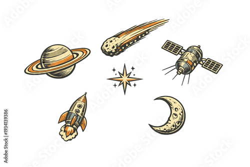 A collection of vintage-style space illustrations including a ringed planet, rocket ship, satellite, crescent moon, comet, and star set against a solid black background.