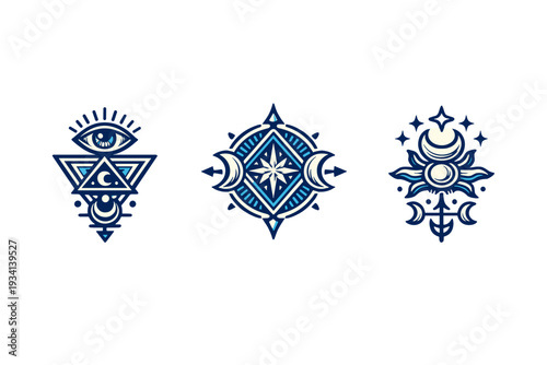 A collection of three mystical celestial icons featuring eyes, crescent moons, stars, and geometric patterns in blue and white colors isolated on a black background.