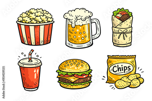 A collection of hand-drawn fast food illustrations including popcorn, a mug of beer, a wrap, a soda cup, a cheeseburger, and a bag of potato chips on a black background.