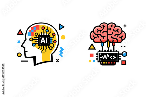 Stylized vector graphics showing a human head with an AI chip and a brain linked to a computer module, representing machine learning and neural networks on a dark background.