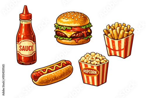 A collection of fast food illustrations including a hamburger, hot dog, french fries, popcorn, and a sauce bottle. The items are set against a plain black background in a retro style.