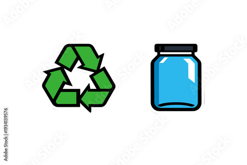 A green recycling symbol and a blue glass jar icon are displayed side by side on a black background, representing environmental sustainability and waste management practices.