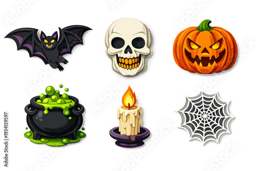 A collection of six stylized Halloween icons including a bat, skull, jack-o'-lantern, bubbling cauldron, lit candle, and spider web, all set against a solid black background.