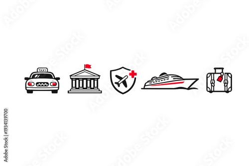 A set of five travel-themed icons including a taxi, a museum building, travel insurance, a cruise ship, and a suitcase, all presented in a minimalist style on a black background.