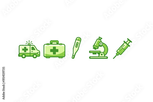 A set of five green medical icons including an ambulance, first aid kit, digital thermometer, microscope, and syringe, all presented in a flat style against a solid black background.