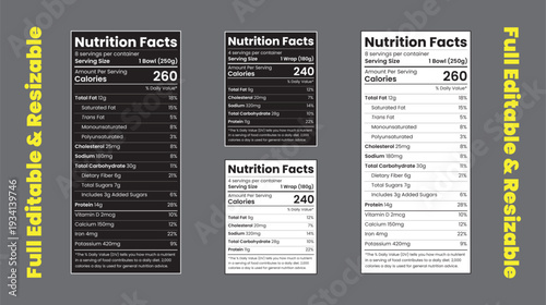 Black and White Nutrition Facts Label Template, Nutrition Facts and Supplement Facts Label Set , Editable Food Packaging Vector, Food Packaging Nutrition Facts Vector Layout.