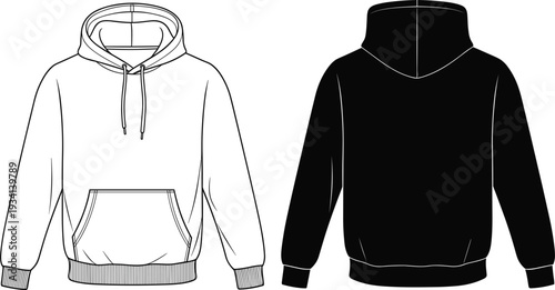 Front view of a white hoodie and back view of a black hoodie with white outline sweatshirt apparel