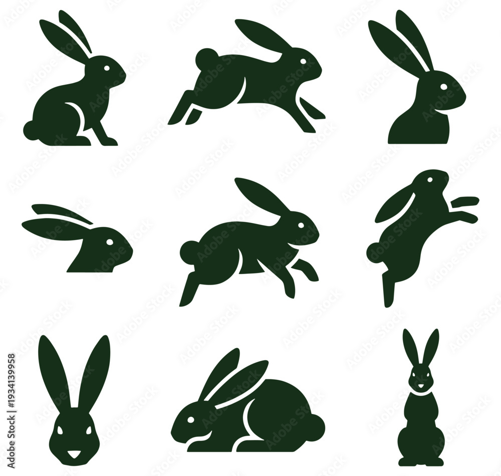 Fototapeta premium Collection of green rabbit silhouettes in various poses on white background